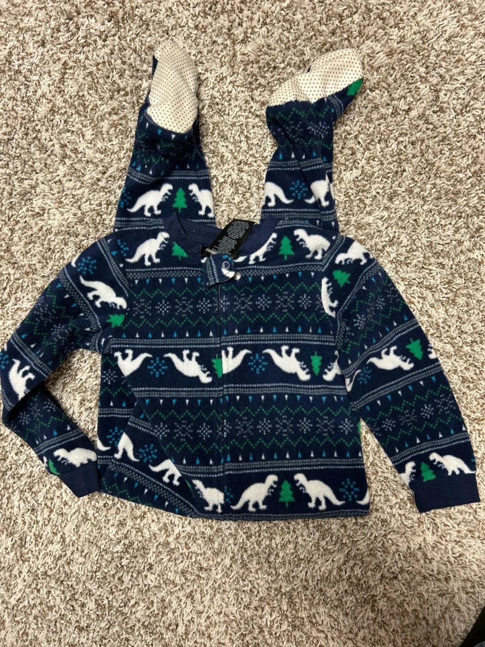 Joe Boxer Kids Navy Blue Dino Print Footed One-Piece Fleece Pajamas Sz 4 T